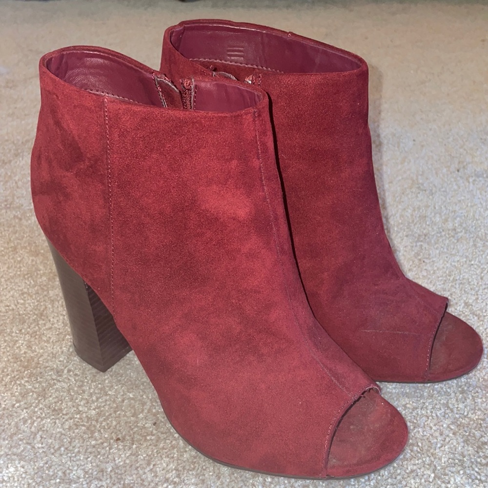 Maroon Suede Peep Toe Heeled Boots